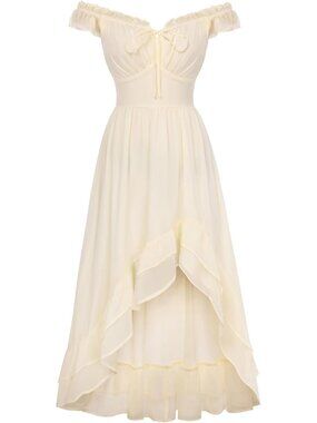 Women Renaissance Corset Dress Off Shoulder High-Low Chiffon Midi Dress-Apricot